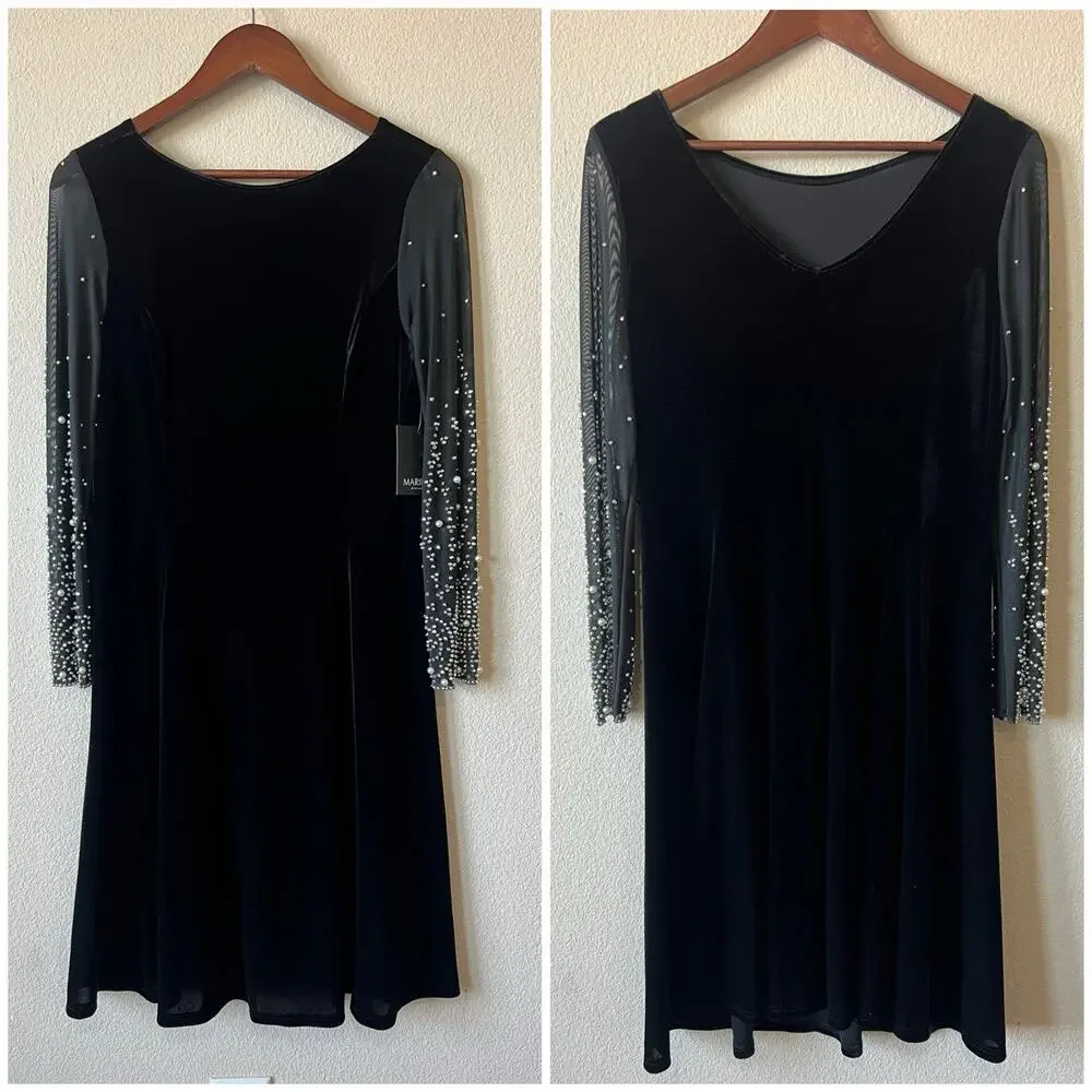 Marina Black Velvet A-Line Dress Sz M Mesh Pearl Beaded Sleeves Elegant Formal - Picture 7 of 10